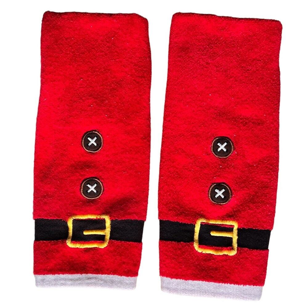 Set of 2 Red Christmas Bathroom Hand Towels Decorative Embroidered Santa Belt